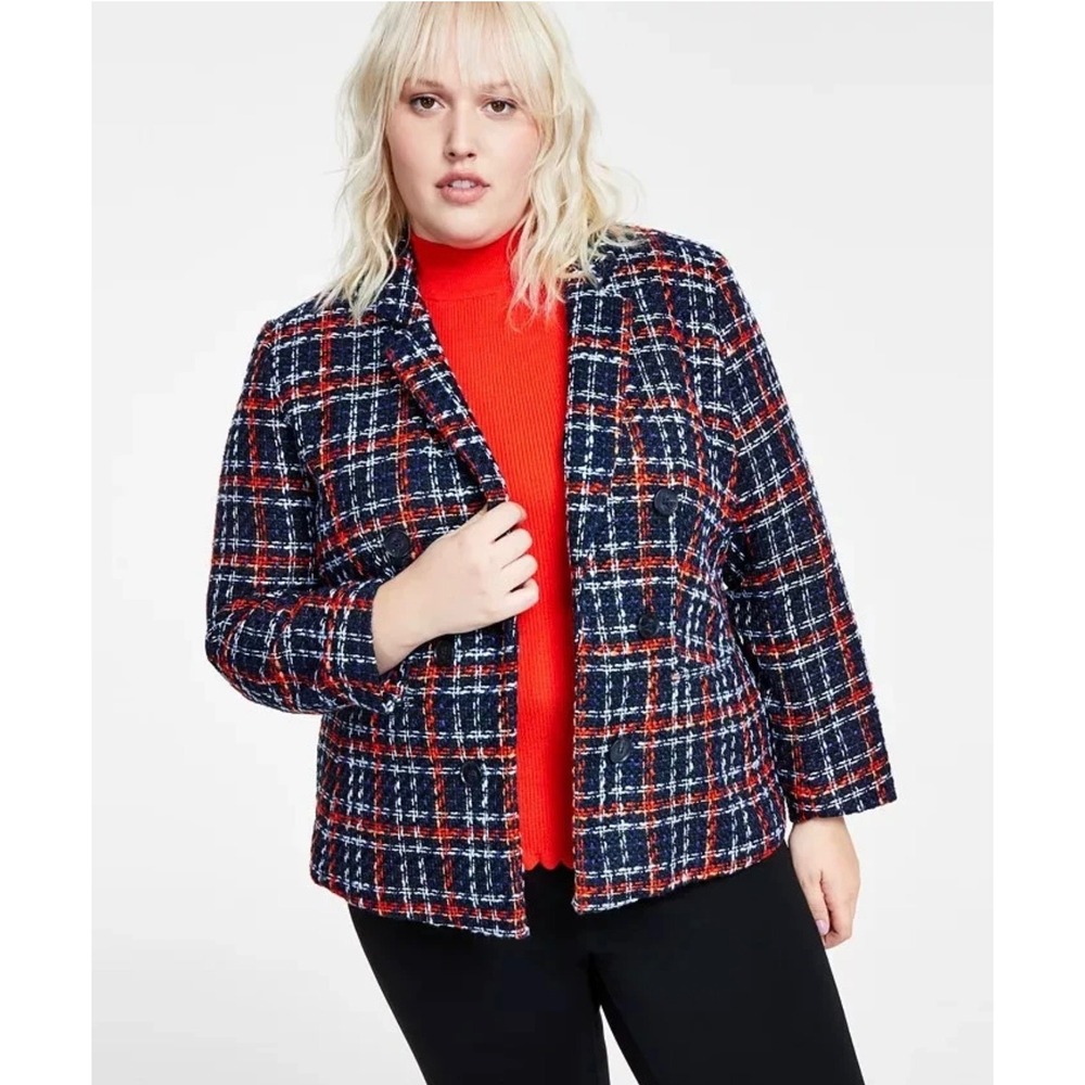 Bar III Womens Deep Blue Multi Plaid Double Breasted Blazer Jacket Large NEW